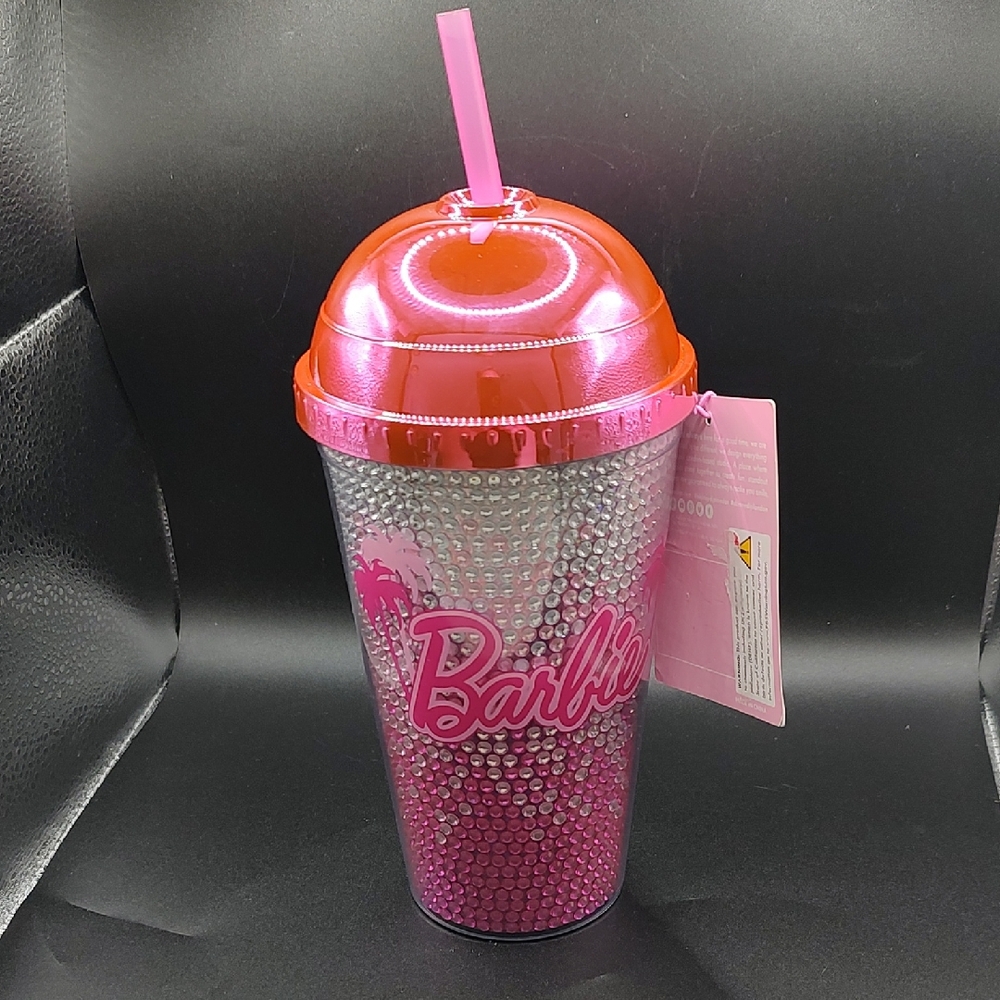 Barbie X Skinny Dip Pink and Red Rhinestone Cup with Straw Never Used
